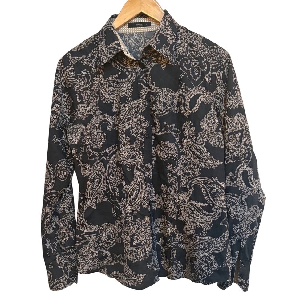 Etro Milano Paisley Print Button Down Shirt Navy Blue Cotton Stretch US 6 IT 42